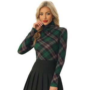 Allegra K Women's Turtleneck Long Sleeve Stretch Slim Plaid Casual Blouse - 1 of 4