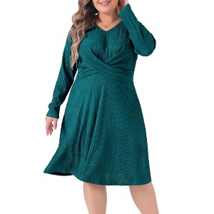 Agnes Orinda Women's Plus Size Long Sleeve Elegant Knitted Criss Cross V Neck Sweater Midi Dress - 1 of 4