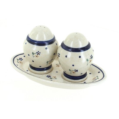 Blue Rose Polish Pottery Country Meadow Salt & Pepper Shaker with Plate