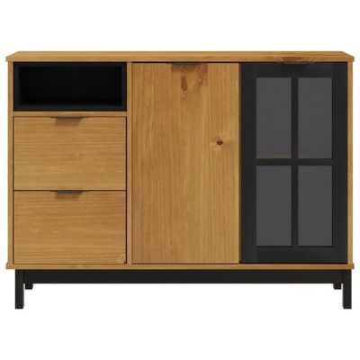 Solid Pine Wood Sideboard with Glass Door and Black Accents