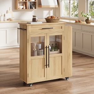 Kitchen Island with Storage, Retro Island Table with Glass Door Cabinet and Drawer, Coffee Bar Station with Spice Rack and Towel Rack, Natural - 1 of 4