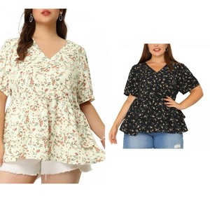Women's Plus Size 2 Pieces Floral Flare Hem V Neck Short Sleeve Casual Layered Peplum Blouses - Agnes Orinda - 1 of 4