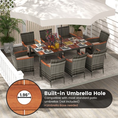 Mix Gray 9-Piece Outdoor Wicker Dining Set with Acacia Wood Table and Beige Cushions