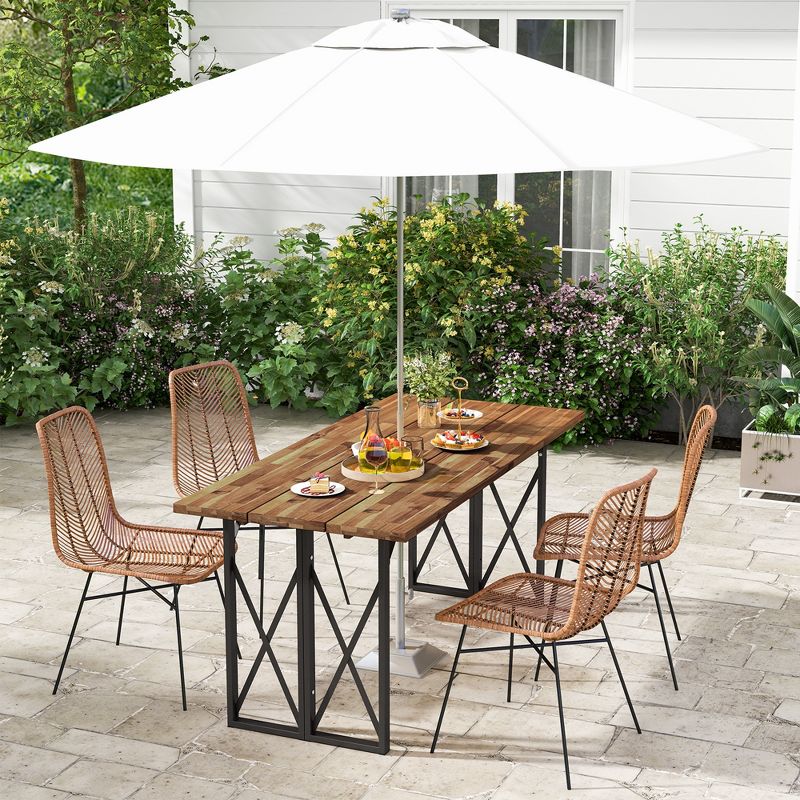Costway 67'' Patio Rectangle Table Heavy-Duty Acacia Wood Dining Table with Umbrella Hole, 2 of 10
