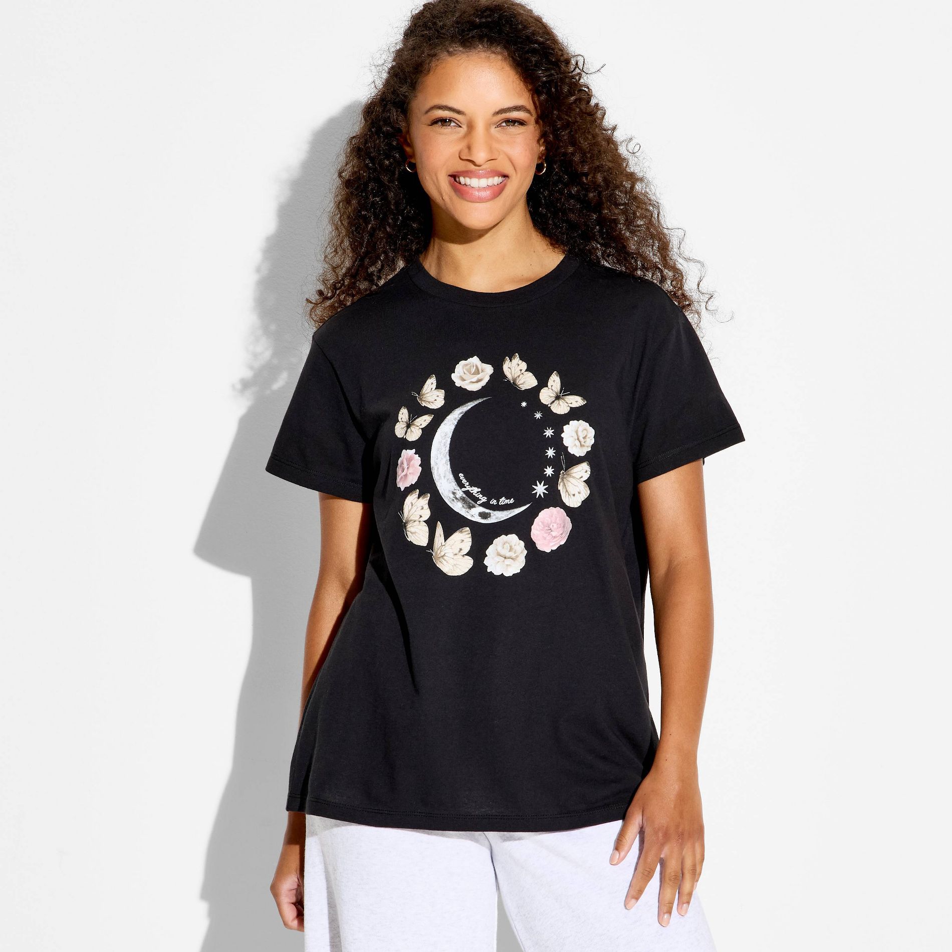 Women's Floral Butterfly Moon Phase Short Sleeve Graphic T-Shirt - Black M