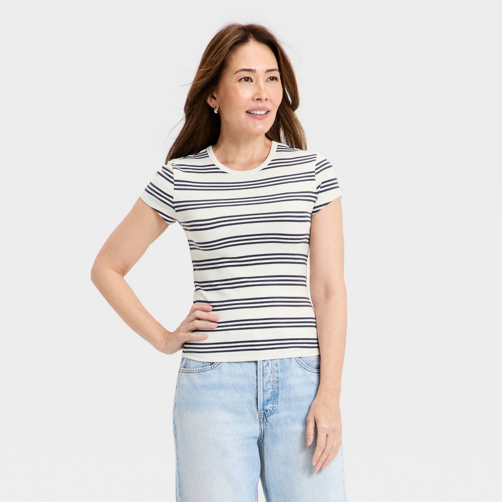 Women's Short Sleeve Ribbed T-Shirt - Universal Thread™ Cream Striped S