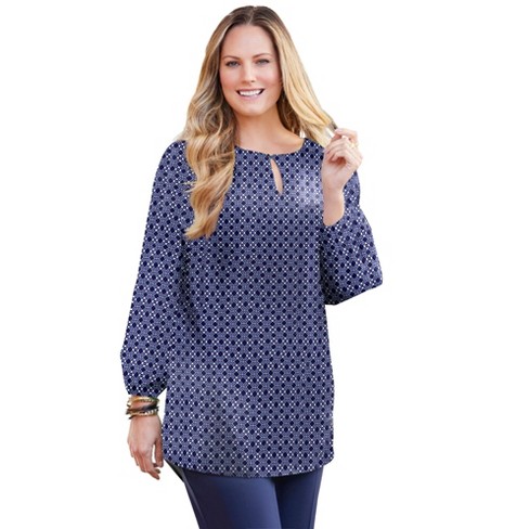 Catherines Women's Plus Size Liz&me Keyhole Top - 1x, Navy Geo : Target