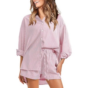 EXLURA Women's Summer 2 Piece Sets Long Sleeve Button Down Shirts Matching Short Sets Oversized Spring Vacation Outfits - 1 of 4