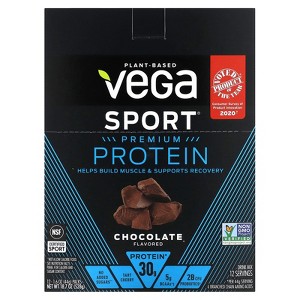 Vega Sport, Plant-Based Premium Protein, Chocolate, 12 Packs, 1.6 oz (44 g) Each - 1 of 3