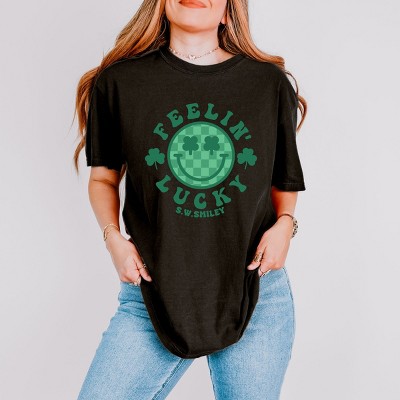 Simply Sage Market S.W.Smiley Feelin Lucky Checkered Smiley Face  Garment Dyed Tee