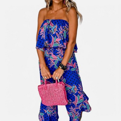 Amaryllis Women's Strapless Ruffle Hem Jumpsuit Smocked Waist Wide Leg Flowy One-Piece Effortless Outfit