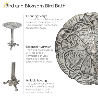 Antique Gray Cast Aluminum Bird Bath with Blossom Motif