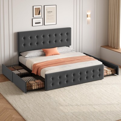 Whizmax Bed Frame with 4 Storage Drawers and Headboard, Faux Leather Upholstered Platform Bed Frame with Wooden Slats Support,  No Box Spring Needed