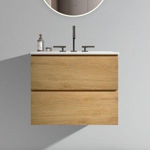 FAMYYT 24 in. Single Sink Floating Oak Bath Vanity with White Ceramic Top (Assembled), 3 Predrilled Faucet Holes - 1 of 4