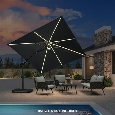 PURPLE LEAF 10x10 Ft Cantilever Umbrella Square Solar Powered LED Outdoor Patio Umbrella with 360°Rotation Adjustable With Base