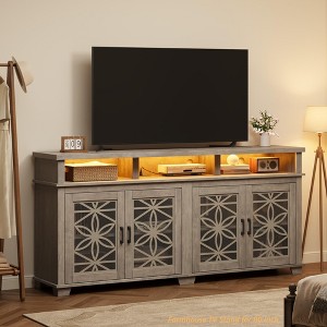Farmhouse TV Stand for 80 inch, Grey Modern Entertainment Center with Lights and Pattern Glass Doors, Wooden Media Console Cabinet Table - 1 of 4