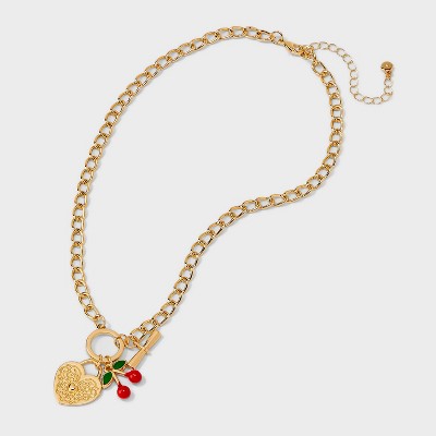 Heart and Cherry Charm Pendant Necklace - Wild Fable&#8482; Gold