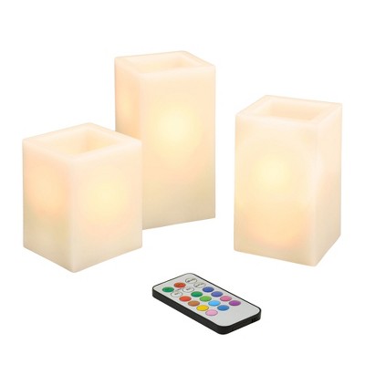 LumaBase Battery-Operated Multifunction Wax LED Candles, Square - Set of 3