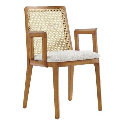 Modway Monarch Wood Dining Accent Armchair with Cane Back and Padded Seat in Honey Natural Heathered Weave Ivory
