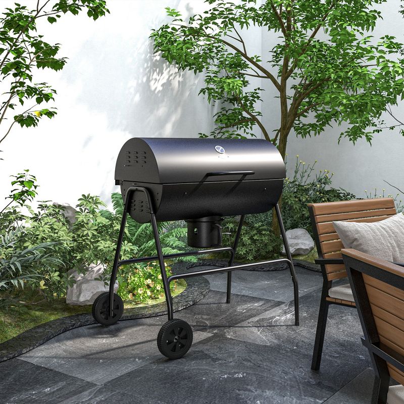 Outsunny Barrel Charcoal BBQ Grill with 420 sq.in. Cooking Area, Wheeled Outdoor Barbecue, Black, 2 of 7