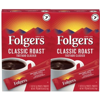 Folgers Classic Roast Single Serve Medium Roast Instant Coffee Packets, 7 CT, Pack of 2