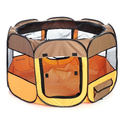 Medium Brown and Orange Metal Frame Collapsible Pet Playpen