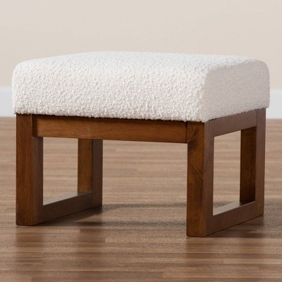 Off-White Boucle Upholstered Walnut Wood Ottoman Footstool