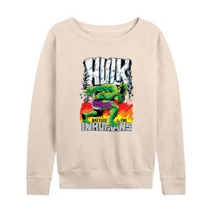 Women's - Marvel - Hulk Battles the Inhumans Lightweight French Terry Wide Neck Long Sleeve Shirt - 1 of 4
