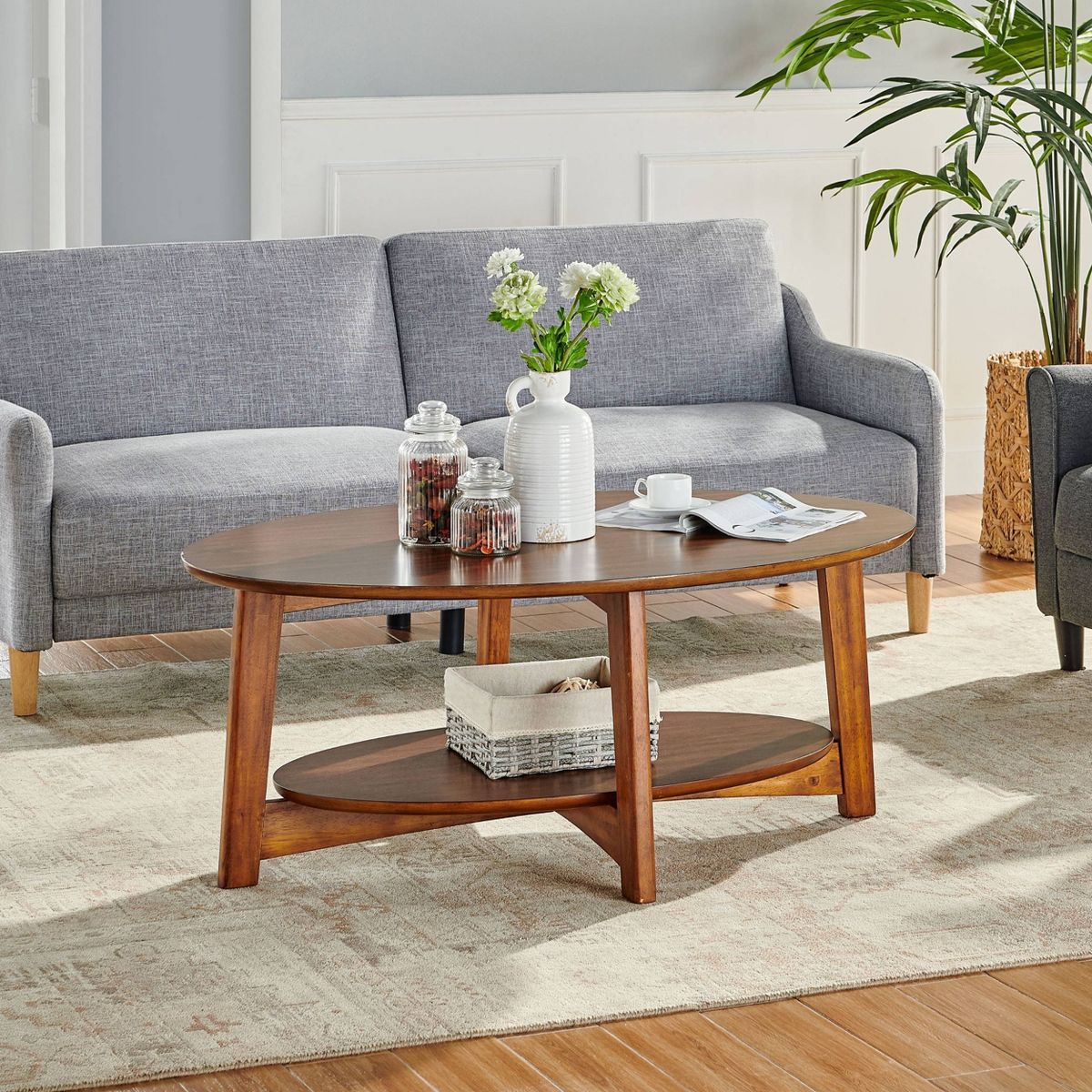 Monterey Oval Mid Century Modern Wood Coffee Table Chestnut: Tapered Legs, Floating Shelf - Alaterre Furniture - thumbnail 6