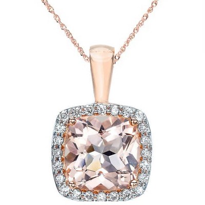 Pompeii3 1 1/10ct Morganite Cushion Halo Diamond Pendant 14K Rose Gold