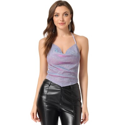 Metallic Rhinestone Backless Cowl Neck Halter Top