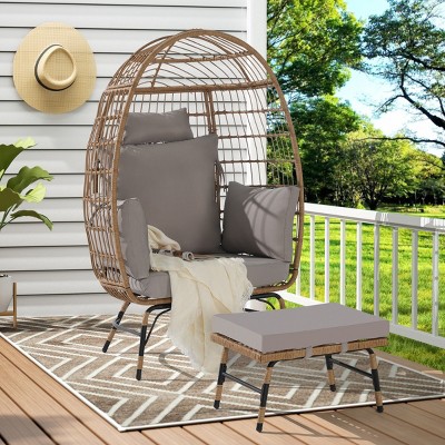 Patio Oversized Wicker Egg Chair,Outdoor Rattan Egg Chair With Ottoman And Cushions,PE Rattan Eoven For Backyard Balcony-Coolbibila