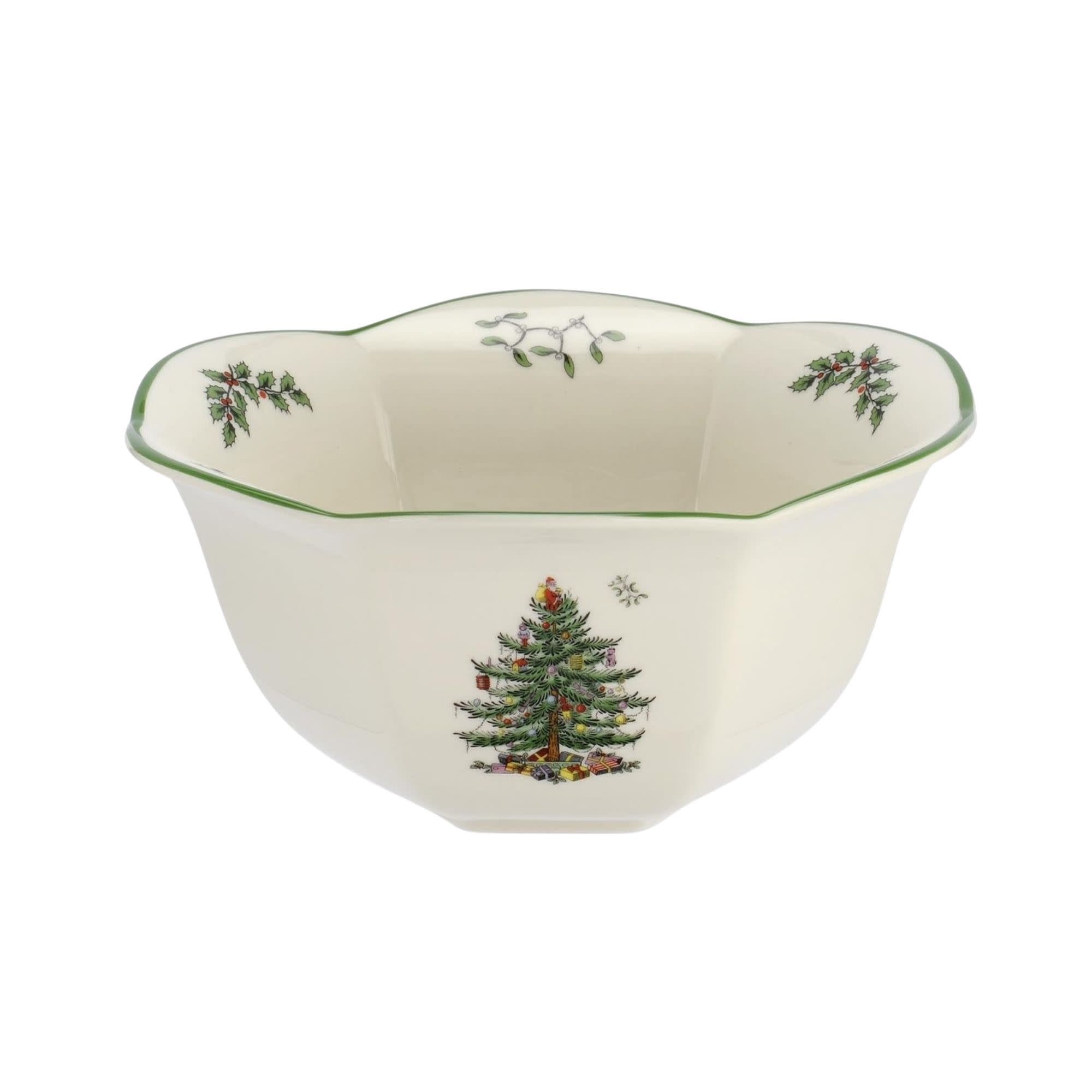 Spode Christmas Tree Hexagonal Nut Bowl - 7-Inch Decorative Earthenware Bowl for Serving Nuts, Candy, and Holiday Treats - Dishwasher Safe