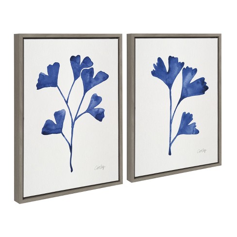 Kate and Laurel Sylvie Navy Ginkgo and Navy Ginkgo Trio Framed Canvas by  Cat Coquillette, 2 Piece 18x24, Gray