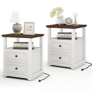 Dyonery Farmhouse Nightstand 18" White End Table with Charging Station & 2 Drawers, Rustic Bedside Table with Storage Shelf for Bedroom - 1 of 4