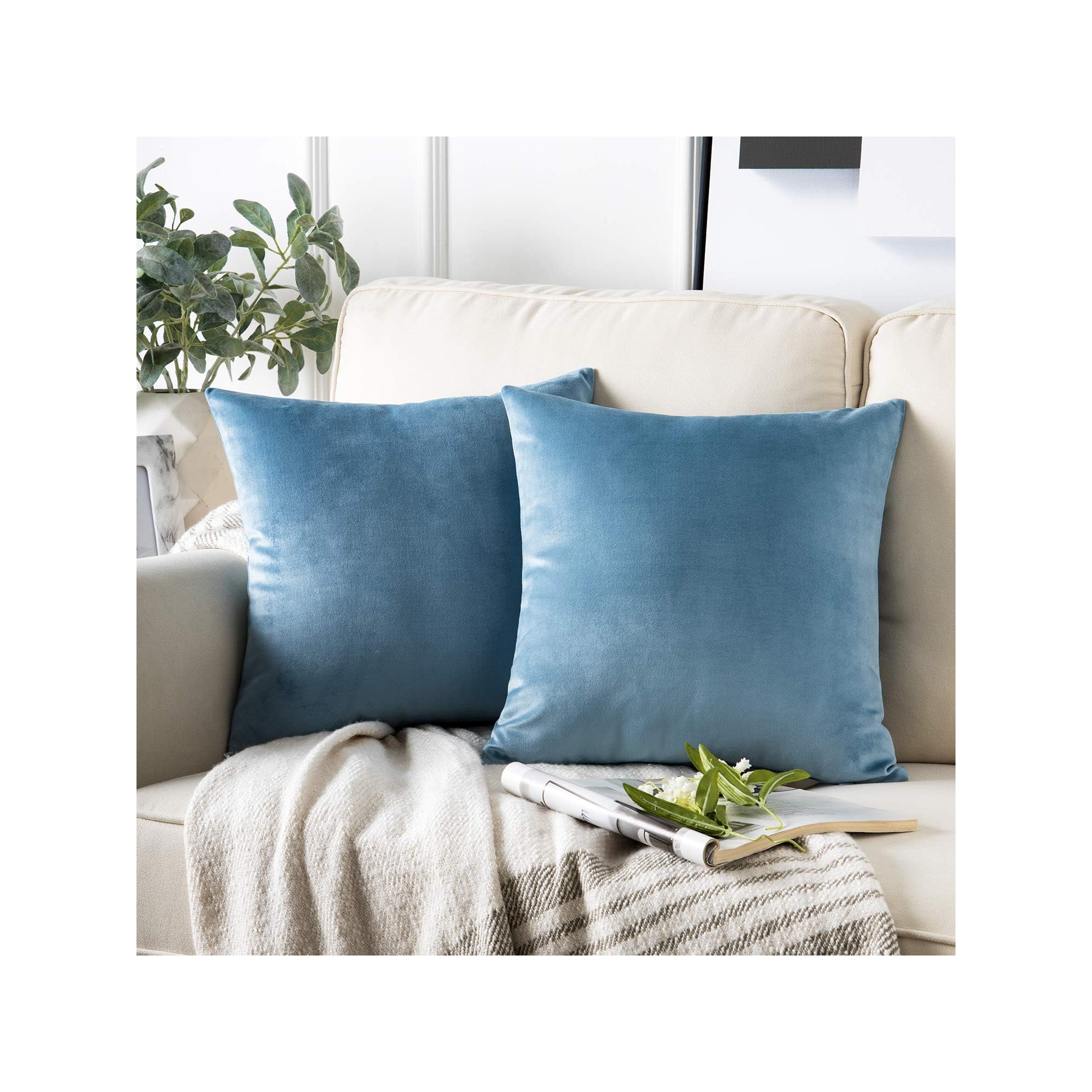 Phantoscope Soft Silky Velvet Series Decorative Throw Pillow Cover for Couch, Pack of 2, Blue, 18x18