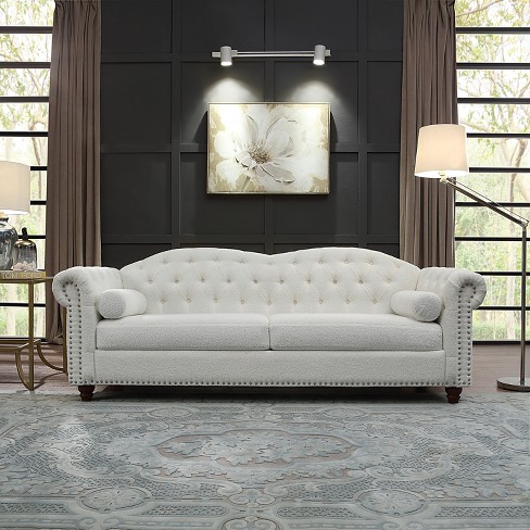 81 25 Chesterfield Classic Upholstered Tufted Sofa Couch With Nailhead Accents Scrolled Arms And Turned Legs White Modernluxe Target