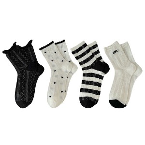 Anna-Kaci 4 Pairs Women's Crew Socks with Black and White Patterns Soft Cotton Texture Heart and Stripe for Flats and Dress Shoes - 1 of 4