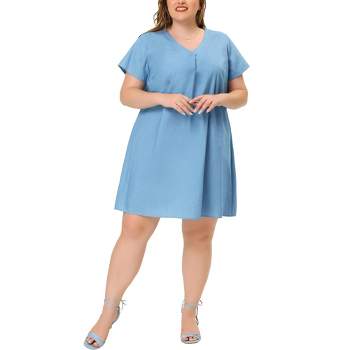 Agnes Orinda Women's Plus Size Solid Pleat Short Sleeve V Neck Chambray A Line Dresses