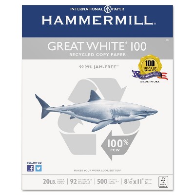 Hammermill Great White 100 Recycled Copy Paper 20lb 8-1/2 x 11 White 5 000 Sheet/Carton 86790