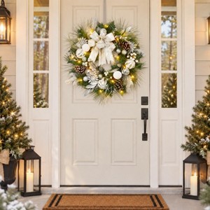 24-Inch Pre-Lit Christmas Wreath with 20 Warm-White LED Lights, 8 Modes ...