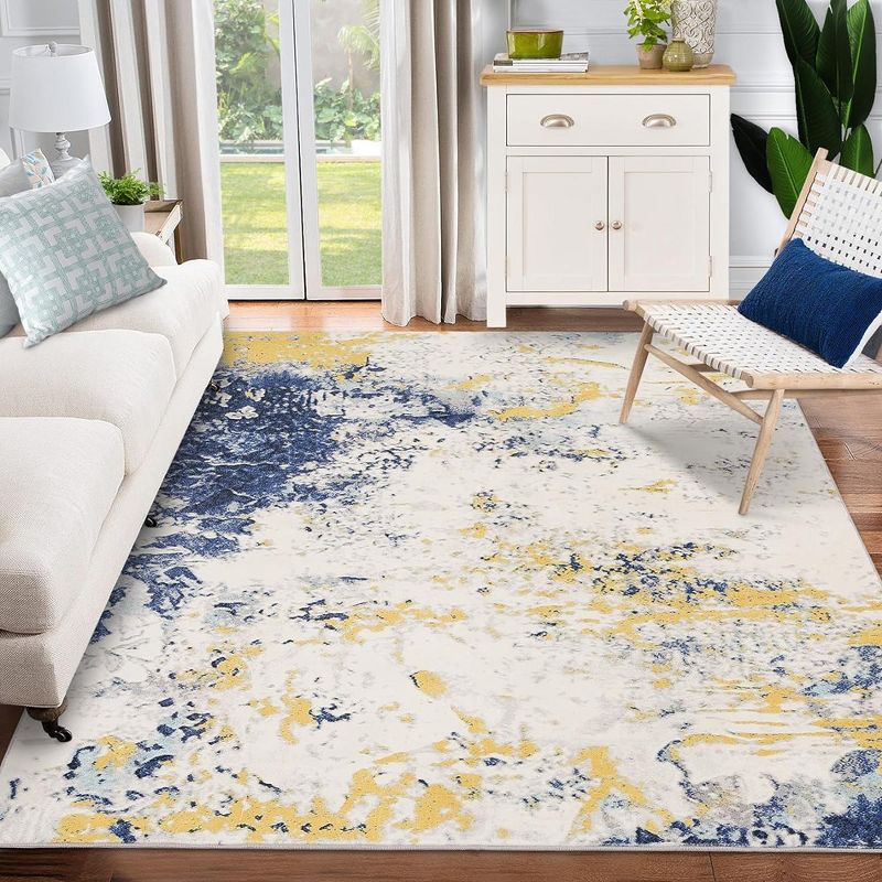 Whizmax Abstract Modern Area Rug---Washable Foldable Soft Rugs with Non-Slip Backing,Non-Shedding Floor Mat (Yellow+Blue), 5 of 7