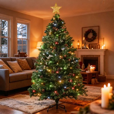 6.5Ft Pre-Lit Christmas Tree with LED Lights & Branch Tips and Top Star and Foldable Stable Metal Stand for Holiday Party Decoration