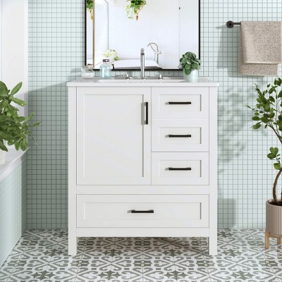 ORRD 30" White Bathroom Vanity with Sink, Solid Wood Cabinet with 3 Soft Close Drawers, Door & Removable Tray – Modern Storage Set