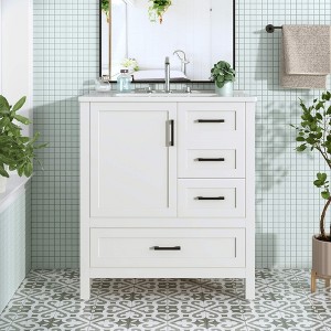 ORRD 30" White Bathroom Vanity with Sink, Solid Wood Cabinet with 3 Soft Close Drawers, Door & Removable Tray – Modern Storage Set - 1 of 4