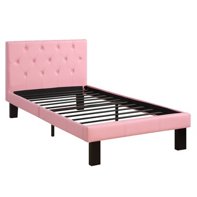 Twin Faux Leather Upholstered Bed with Tufted Headboard Pink - Benzara