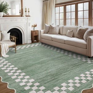 Modern Bordered Living Room Rugs 8x10 Large Scalloped Accent Rugs with Non-Slip Backing, Foldable Geometric Print Floor Mat, Washable Indoor Carpet - 1 of 4
