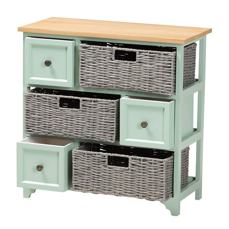 Valtina Two-Tone Wood 3 Drawer Storage Unit with Baskets Oak Brown/Gray/Mint Green - Baxton Studio, 4 of 12
