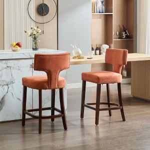 Mid-Century Modern Counter Height Bar Stools Set of 2, Farmhouse Linen Upholstered Accent Chairs with Curved Backrest and Copper Nail Trim - 1 of 4