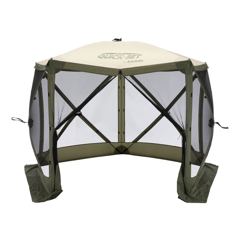 CLAM Quick-Set Venture 9 x 9 Foot Portable Pop-Up Outdoor Camping Gazebo Screen Tent 5-Sided Canopy Shelter with Stakes and Carry Bag, Green/Tan, 5 of 7